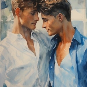 Romantic Gay Couple - &quot;True Blue&quot; Matte Square Poster - Portrait of Two Gay Men - LGBT Wall Art - Gay Male Art Print