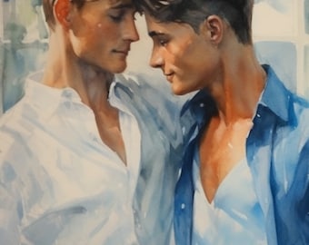 Romantic Gay Couple - "True Blue" Matte Square Poster - Portrait of Two Gay Men - LGBT Wall Art - Gay Male Art Print