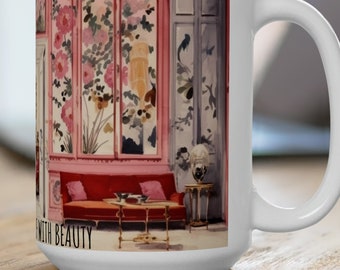 Beautiful Life Mug - Inspirational 15 oz White Coffee Cup - Watercolor 1940s Parisian Scene - Large Retro Themed Mug for Coffee, Tea, Cocoa