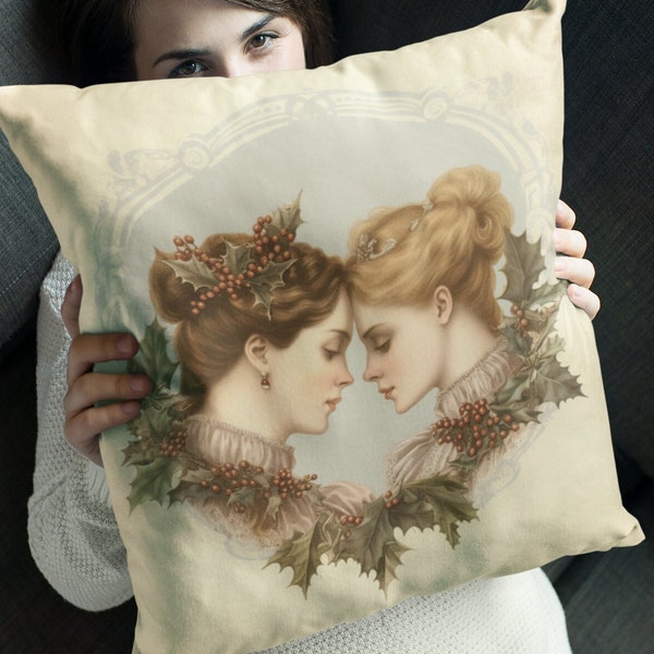 LGBTQ Victorian Ladies Christmas Cushion - Adorable LGBTQAI Vintage Art Style Holiday Accent Pillows - Christmas Decor - LGBTQ Cottagecore