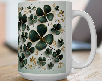 Shamrock Mug - Art Deco Shamrock Design - Charming and Original 15 oz White Coffee Cup - Microwave Safe - Irish-American Heritage Gifts