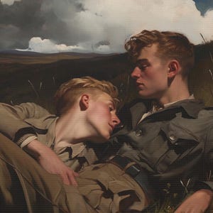 Romantic Gay Art - &quot;Summer 1941&quot; Square Canvas Print - Scottish Soldiers in Wild Grass Illustrated Art Print - Vintage Style