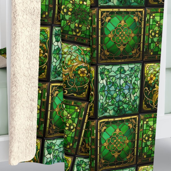 Shamrock Blanket - Stained Glass Shamrock Pattern Sherpa Velveteen Fleece Blanket - Beautiful Medium Weight Celtic Themed Reading Wrap