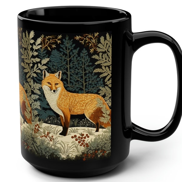 Fox Mug - Red Fox in Winter 15 oz Black Mug - William Morris Inspired Fox Art Coffee Cup