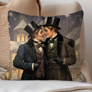 LGBTQAI Holiday Pillow - Smiling Gentlemen Vintage Art Style Accent Decor - LGBT Storybook Christmas Decor Square Pillow - Cottagecore Gifts