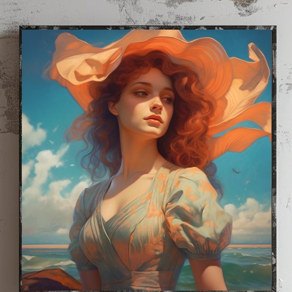 Art Nouveau Wall Art - Girl in a Coral Orchid Hat Square Canvas Gallery Wrap - Portrait of an Imagist Poetess