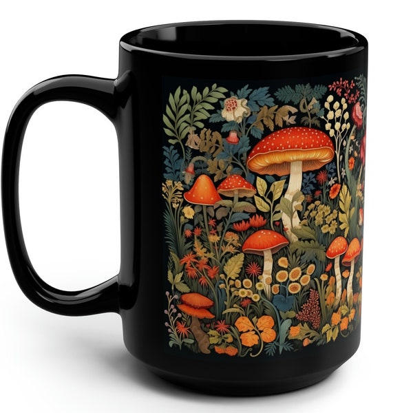 Mushrooms Mug - Arts and Crafts Style Woodland Art Mug - William Morris Inspired 15 oz Black Coffee Cup