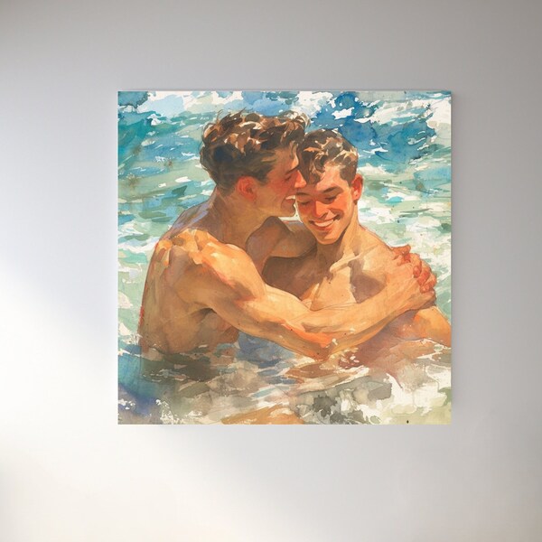 Gay Wall Art - "Beach Boys" Canvas Art Print - LGBTQ Canvas Square Gallery Wrap - Summery Canvas Wall Art - Original Wall Decor for LGBTQAI