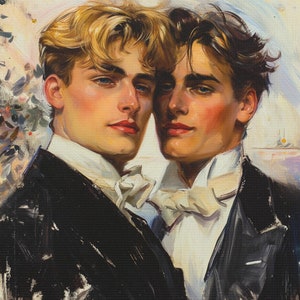 Romantic Gay Art - &quot;Two Princes&quot; Square Canvas - Elegant M/M Portrait Traditional Painting Style - Ready to Hang Wall Decor