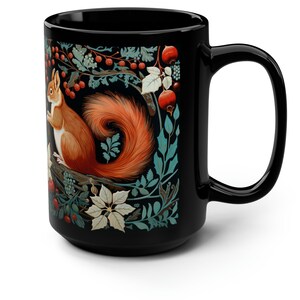 Christmas Squirrel Mug - William Morris Inspired 15 oz Black Coffee Cup - Holiday Theme Hot Beverages Mug - Microwave and Dishwasher Safe