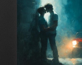 May include: An oil painting depicts two figures embracing under a spotlight. The figures are in silhouette, with a red car in the background. The artwork is rendered in shades of blue and dark tones, creating a dramatic and romantic scene.