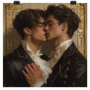 Gay Love Art Print - &quot;Secret Kiss&quot; Matte Square Poster - LGBTQ Wall Art - Two Men Kissing Elegant Poster Art Gifts