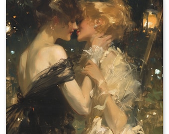 May include: An oil painting on canvas depicts two women embracing. One woman wears a black gown, the other a white gown. The artwork is set outdoors at night, with a warm light source illuminating the scene. The style is reminiscent of classical art.