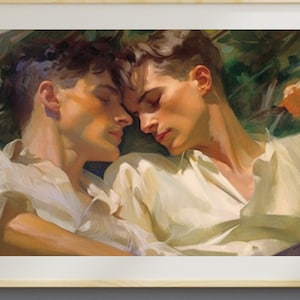 Romantic Gay Wall Art - &quot;Shadows in the Grass&quot; Matte Square Poster - Gay Men Art Print - 19th Century Art Style