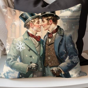 Victorian Men Xmas Pillow -   Gay Gentlemen Square Pillow - Charming Christmas Room Decor - Holiday Accent Decorative Cushion