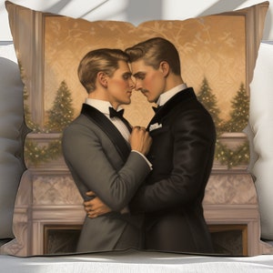 LGBTQAI Christmas Pillow - Christmas Kiss Vintage Holiday Art Style Accent Decor - LGBT Christmas Decor Square Pillow - Cottagecore Gifts