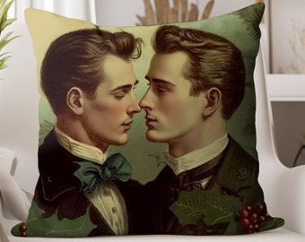 Gay Victorian Gentlemen Christmas Cushion - Adorable LGBTQAI Vintage Art Style Holiday Accent Pillows - Christmas Decor - LGBTQ Cottagecore