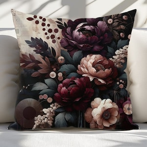 Dark Floral Throw Pillow -  Moody Decor Decorative Cushion - Charming Boho Floral Room Decor - Garden Theme Accent Square Pillow