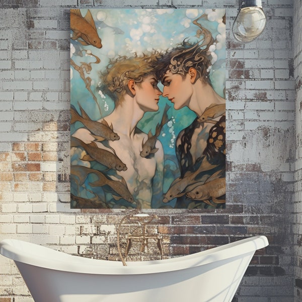 Mermen Wall Art - Merman's Kiss Square Canvas Gallery Wrap - LGBT Fairytale Aesthetic Art Print