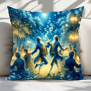 Blue and Gold Decorative Cushion - Gentlemen&#39;s Supper Club Throw Pillow - Magical and Whimsical Art Style Square Accent Pillow