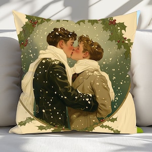LGBTQAI Christmas Pillow - Christmas Kiss Vintage Holiday Art Style Accent Decor - Gay Christmas Decor Square Pillow - Cottagecore Gifts