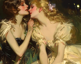 Romantic Lesbian Wall Art - "In the Tall Grass" Square Canvas Print - Elegant 19th Century Style LGBT Wall Art - Ready to Hang