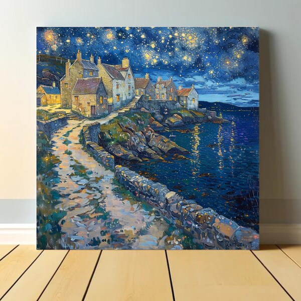 Impressionist Scottish Seascape - "Somewhere in Scotland" Gold and Blue Square Wall Art - Isle of Lewis 1920 Canvas Gallery Wrap