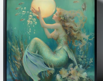Mermaid Print - Vintage Style "Mermaid with Pearl" Square Canvas  - Retro Nautical Wall Art