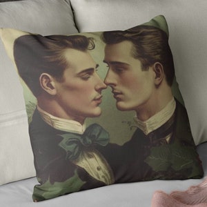 Gay Victorian Gentlemen Christmas Cushion - Adorable LGBTQAI Vintage Art Style Holiday Accent Pillows - Christmas Decor - LGBTQ Cottagecore