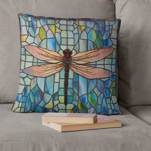 Dragonfly Pillow - Illustrated Stained Glass Style Throw Cushion - Charming Room Decor - Garden Theme Accent Pillow - Cottagecore