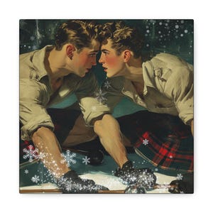 Gay Romance Art Print - Charming Retro Scottish Winter Themed Wall Art - &quot;Surprise, Surprise&quot; Square Canvas - Ready to Hang Home Decor