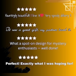 May include: A graphic display on a gold and black gradient background featuring four rows of five white stars representing customer reviews. The text includes: Hauntingly beautiful!! I love it, It was a great gift, my partner loved it, What a spot-on design for mystery enthusiasts &mdash; well done!, and Perfect! Exactly what I was hoping for!