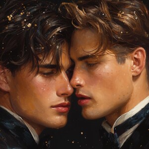 May include: An oil painting style portrait of two individuals with dark brown hair, positioned face to face with their foreheads touching. Both figures wear dark formal attire with white collars against a dark background with gold flecks.
