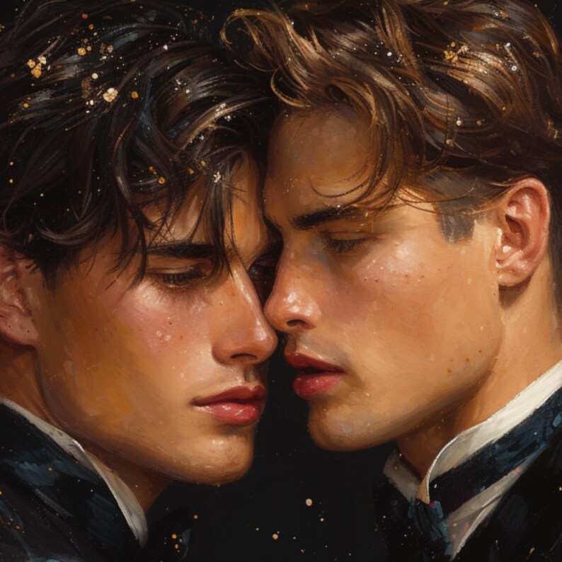 May include: An oil painting style portrait of two individuals with dark brown hair, positioned face to face with their foreheads touching. Both figures wear dark formal attire with white collars against a dark background with gold flecks.