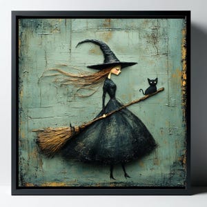 May include: A framed wall art piece featuring a stylized figure in a black witch hat and dress, holding a wooden broomstick with a small black cat perched on it. The background is a textured, distressed teal surface with gold accents.