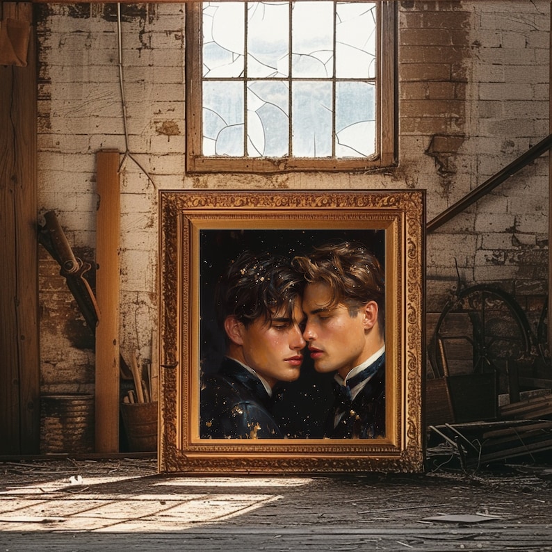 May include: A rectangular painting in an ornate gold frame featuring a portrait of two individuals with dark hair facing each other closely. The artwork is set against a dark background with subtle golden speckles, capturing a moment of intimacy.