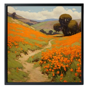 Arte paisajístico de California - Impresión en lienzo cuadrado con amapolas - "Sendero entre amapolas"