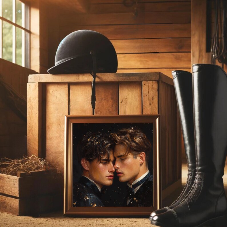 May include: A black equestrian helmet sits atop a wooden crate next to a pair of tall black leather riding boots. In front of the crate is a framed square portrait featuring two individuals with dark hair facing each other closely.