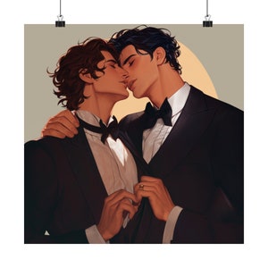 Romantic Gay Wall Art - &quot;Tuxedos&quot; Art Print - LGBT Matte Square Poster - Illustration Style Art Print - Two Men Hugging Art Print