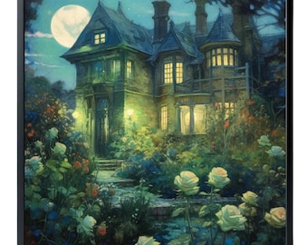 Retro Moonlit Mansion Art  - "Green Roses in the Moonlight" Square Canvas