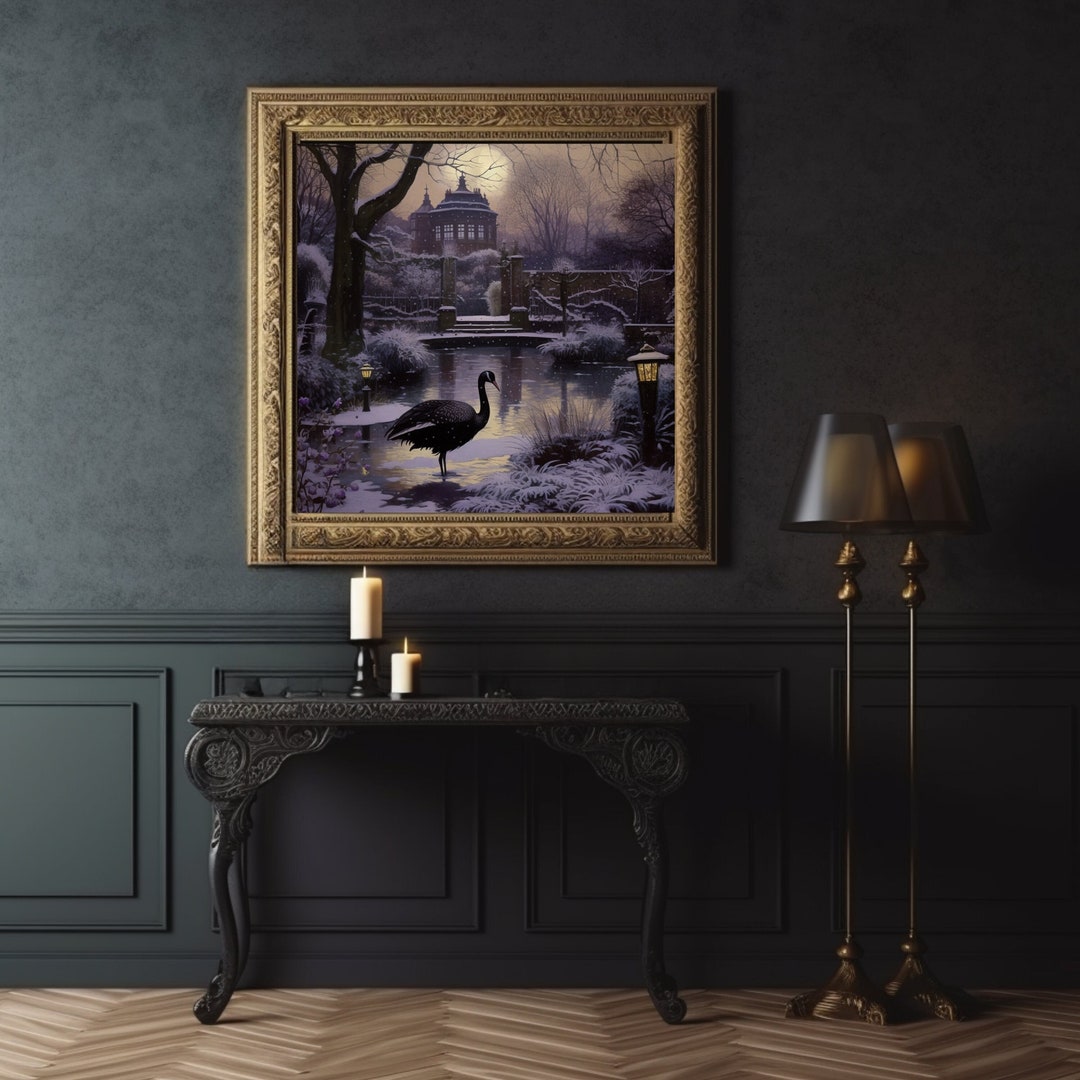Black Swan Wall Art 19th Century Style Eerie Moonlit Landscape Canvas ...