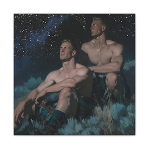 Gay Scottish Highlander Wall Art - &quot;The Star Gazers&quot; Square Canvas Gallery Wrap - Elegant Affordable and Ready to Hang Queer Art Print