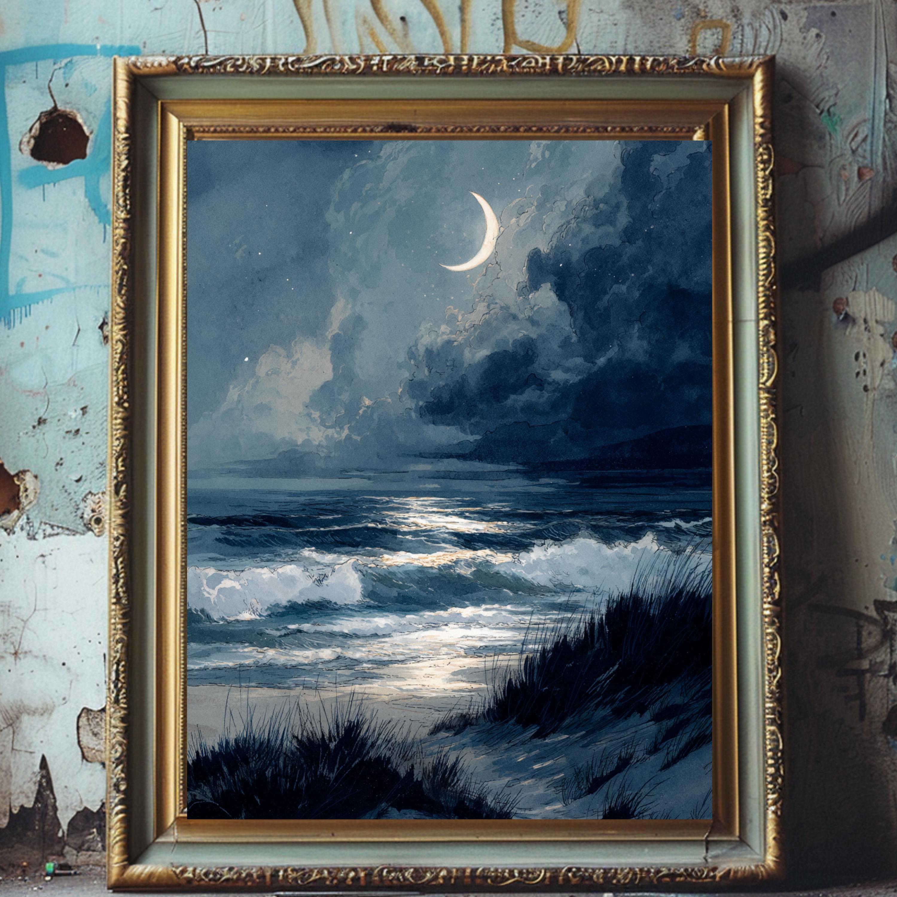 Moonlit Beach Art Print - "silver Tides" Verticle Canvas Print ...