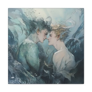 Mermen Gay Art Print - &quot;Marine Magic&quot; Square Canvas Gallery Wrap - LGBTQ Themed Canva Art - Valentine&#39;s Day Gift