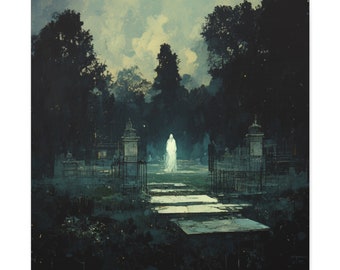 Ghost Art Print - "He Waits" - Ghost in Graveyard Wall Art - Spooky Spectre Square Canvas - Halloween Decor