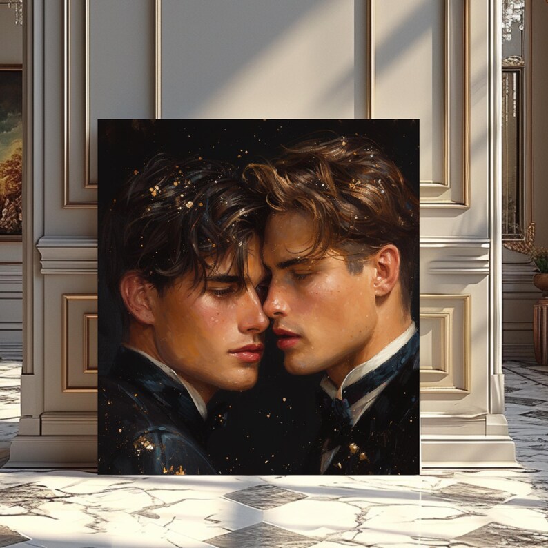 May include: A square wall art print featuring a portrait of two individuals with brown hair facing each other closely. They are wearing dark formal attire with bow ties. The background is dark with scattered gold flecks, creating a shimmering effect.