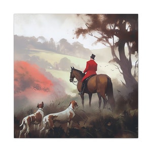 Fox Hunting Themed Art Print - &quot;Before the Hunt&quot; Square Canvas Gallery Wrap - Man Dogs and Horse Wait in the Morning Mist