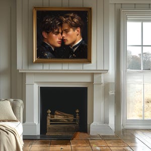 May include: A square oil painting in a gold frame depicting two individuals with dark hair facing each other closely against a dark, starry background. The painting is mounted on a white vertical paneled wall above a white fireplace mantel.