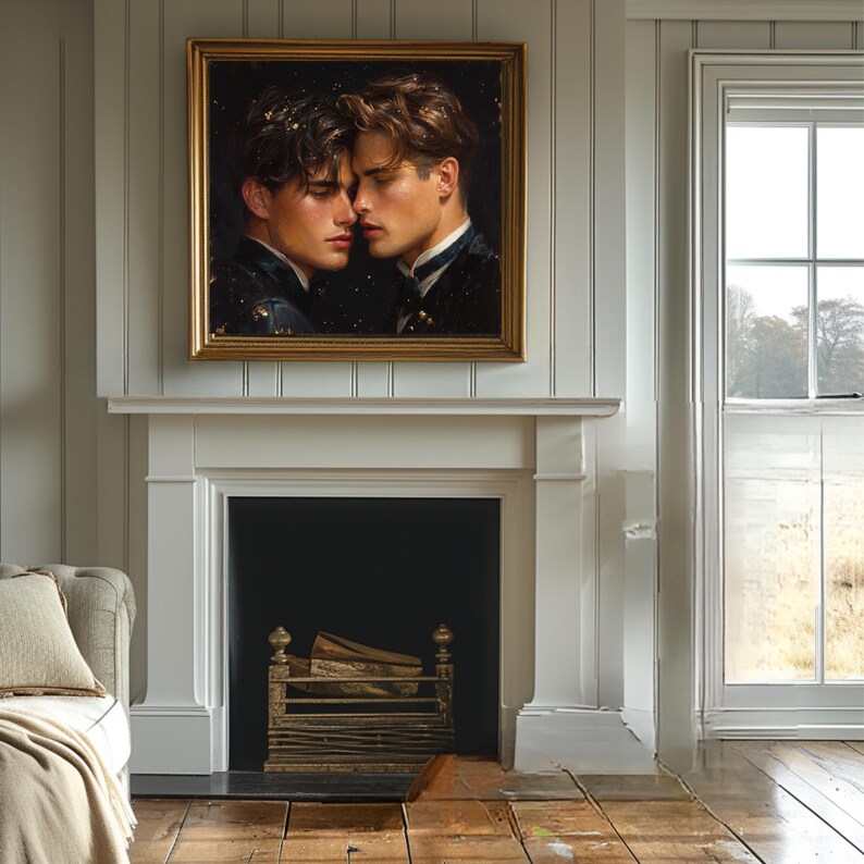 May include: A square oil painting in a gold frame depicting two individuals with dark hair facing each other closely against a dark, starry background. The painting is mounted on a white vertical paneled wall above a white fireplace mantel.