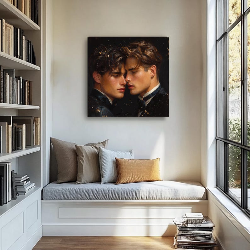 May include: A square wall art print featuring a portrait of two individuals with dark hair and fair skin, positioned face-to-face against a dark, speckled background. The individuals wear dark, formal attire with visible collars.
